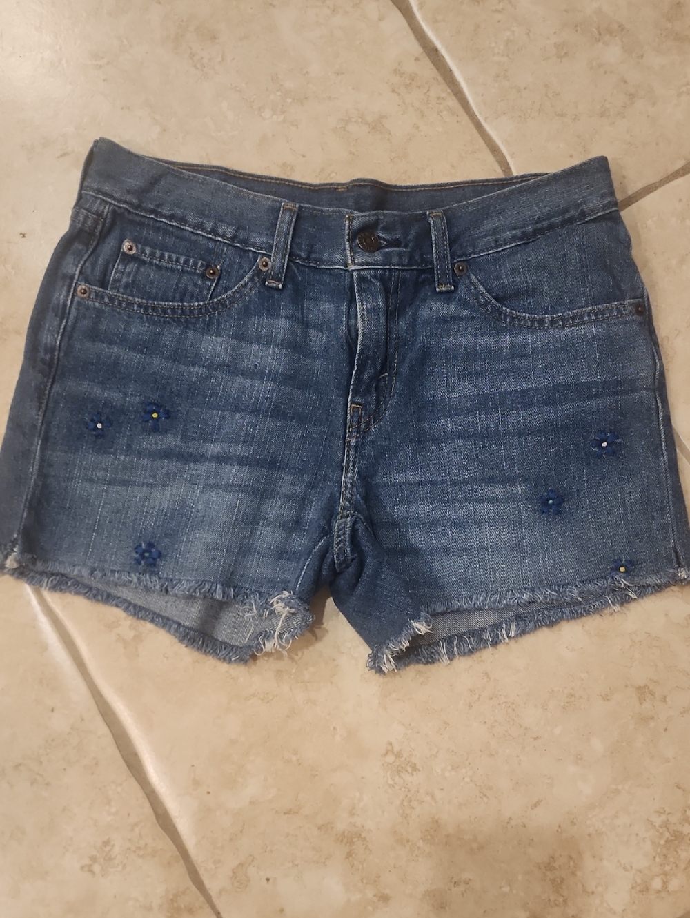 Levi's Blue Denim Cutoff Shorts with Blu Flower Embroidery Detail